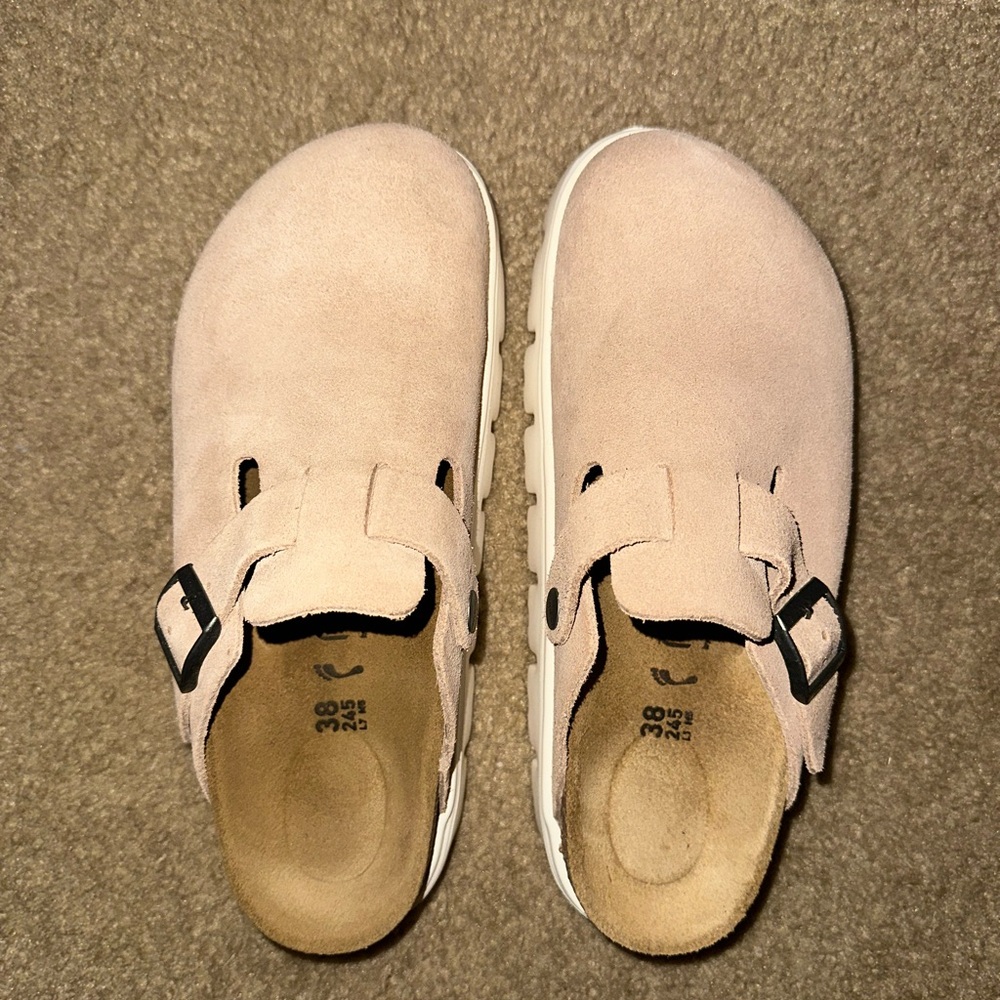 Birkenstock Suede Sandals in Tan and White - Picture 7 of 7